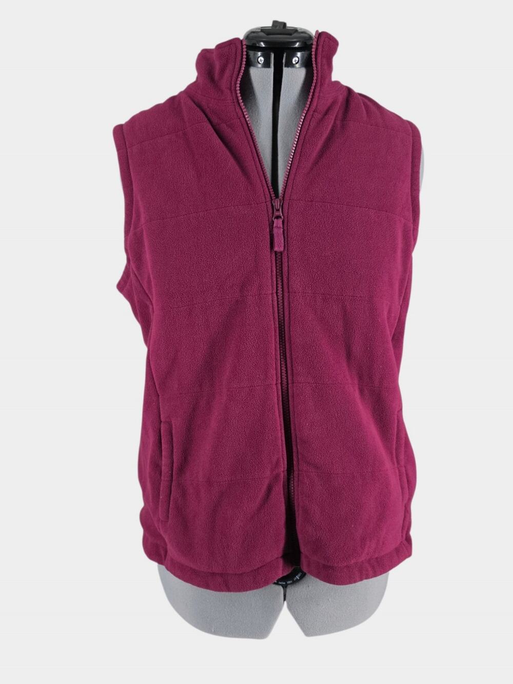 Lands End Fleece Vest Women's L Full Zip Mock Neck Burgundy Wine W/ Pockets
